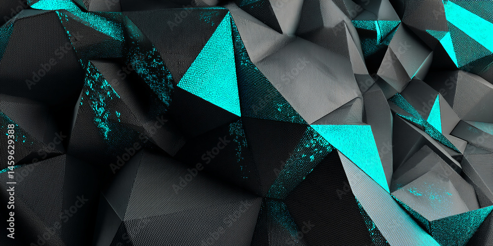 Poster Abstract dark gray and teal geometric texture, polygonal shapes creating a 3D effect, showcasing a modern and stylish design ideal for backgrounds or wallpapers