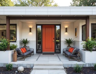 Stylish Front Porch with Orange Door and Modern Outdoor Seating