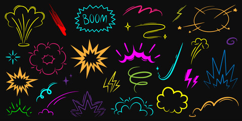 Comic boom burst, explosive smoke. Speed line colorful vector icon on dark background. Boom explosive motion line element set. Hand drawn sketch doodle action effect. 