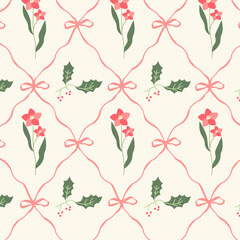 Christmas floral and holly seamless pattern with ribbons. Coquette repeat background with bow knots Vintage holiday Background for wrapping, greeting cards, textile designs and decor.