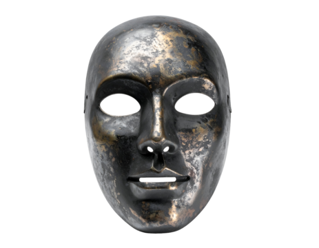 realistic vintage iron mask with worn metallic texture and hollow eyes on isolated white background for horror or fantasy art
