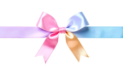 pastel gift ribbon with multicolor satin bow including pink blue purple and gold on isolated white background for holiday decoration and gift wrapping
