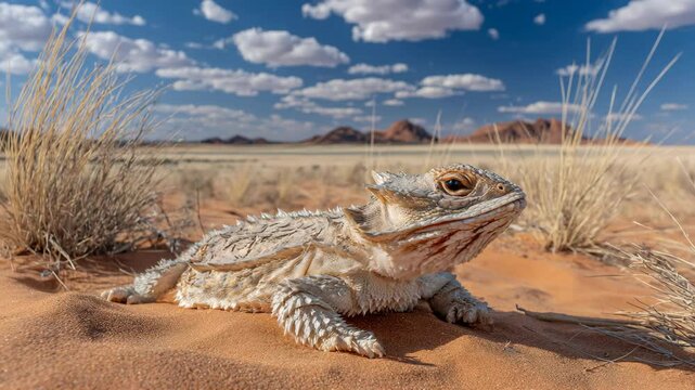 Close-up of a thorny devil lizard resting on red sand in a dry desert landscape under a sunny, cloudy sky, showcasing its spiky skin and environment.