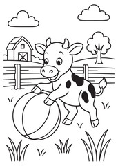 Coloring book cow happily plays with a large ball in a sunny farmyard with a barn