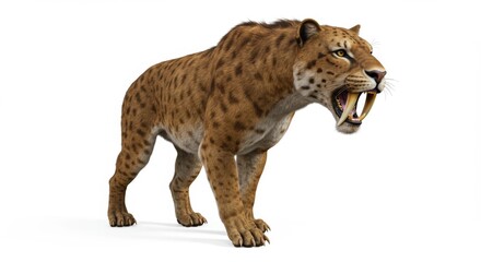 Majestic Saber-Toothed Tiger Roaring with Ferocious Fangs on White Background, Captivating Prehistoric Predator with Spotted Fur and Powerful Build for Animal Enthusiasts