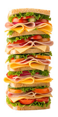 Sandwich stack A vibrant and towering sandwich, bursting with a colorful medley of fresh ingredients, invites the senses with its delectable layers.