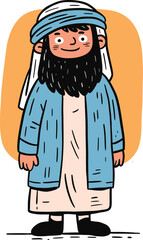 Fototapeta premium Cartoon illustration of a smiling man with a beard and turban, wearing traditional clothing, set against a yellow background.