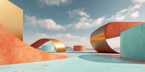 Colorful abstract structures in outdoor landscape with dynamic shapes under clear blue sky