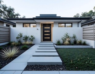Modern Minimalist House Exterior with Concrete Pathway and Landscaping