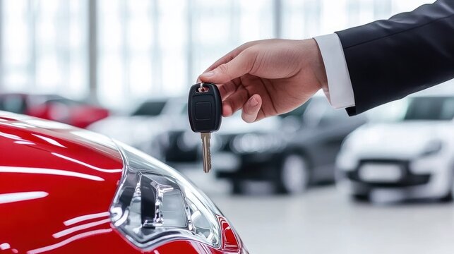 New Car Dealership: Handing Over Keys to a Shiny Red Vehicle