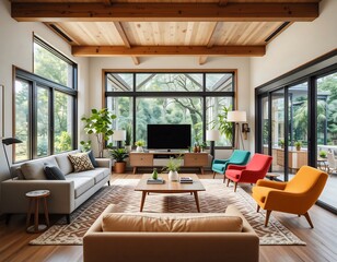 Bright Living Room with Large Windows, Wooden Ceiling, and Colorful Accent Chairs