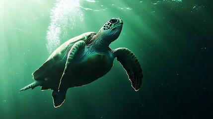 Fototapeta premium Submerged sea turtle bathed in sunlight.