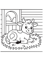 Coloring book cow lies comfortably on hay inside a barn. Adorable line art for coloring creative kid