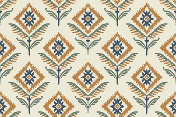 Colorful ikat pattern with diamond floral motif, seamless traditional ethnic textile design in green, blue, and orange tones, decorative boho fabric texture for home decor and fashion