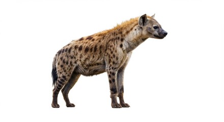 Obraz premium Majestic Spotted Hyena Standing Proudly Isolated on White Background Wildlife Photography Capturing African Predator in Natural Stance High Quality Stock Photo