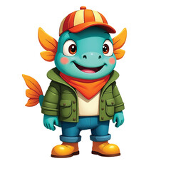 Cute Cartoon Fish Character in Streetwear – Playful Aquatic Mascot Wearing Jacket, Hat, and Boots