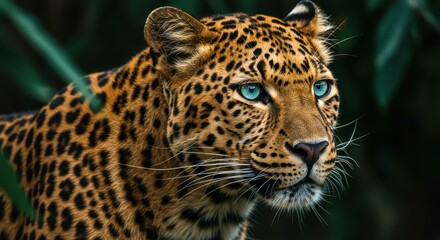 Obraz premium Close up of a leopard with striking blue eyes amid lush foliage, showcasing its distinctive spotted coat and intense gaze in a natural setting.