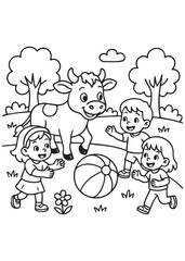 Coloring book cow plays with three happy children and a ball in a sunny park with trees and flowers.
