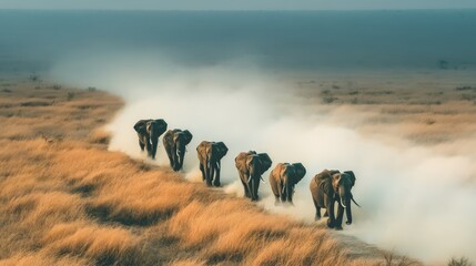 A herd of elephants trekking across a savanna, kicking up dust