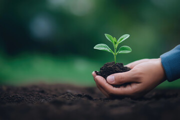Hand holding a small sapling with rich soil, symbolizing growth and renewal, surrounded by lush greenery, representing the beauty of nature and the cycle of life