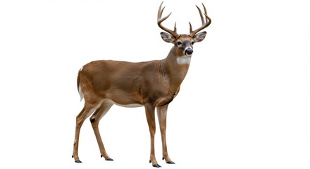 Majestic White-Tailed Deer Buck Standing Tall with Impressive Antlers Isolated on White, Perfect for Wildlife and Hunting Enthusiasts Seeking High Quality Images for Projects