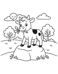 Coloring book cow stands on a rock, munching on leaves under a smiling sun and fluffy clouds.