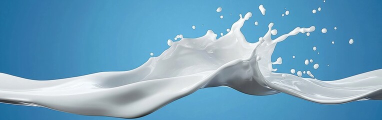 Fresh milk splashing on blue background for dairy product banner design with splattered splash, pouring white liquid flow