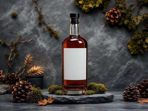 Whiskey bottle mockup with blank label, surrounded by pine cones and moss.