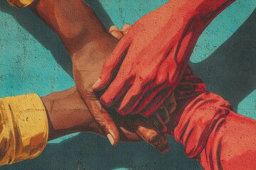 Diverse hands coming together in unity showcased on a vibrant mural in an urban setting during the daytime