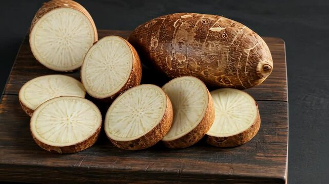Sliced taro root vegetable on a dark wooden board