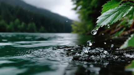 Fototapeta premium A raindrop falls into a calm lake, splashing gently against the rocks. Lush foliage and misty mountains surround the serene scene