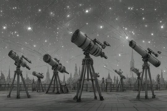 Astronomers observe night sky from rooftop observatory using multiple telescopes during meteor shower event