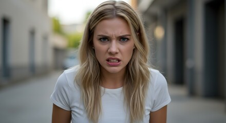 Fototapeta premium Frustrated Young Woman Showing Intense Anger Expression in Urban Setting