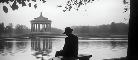 Man sitting on a bench near a city pond. Illustration on the theme of culture, recreation and the environment.