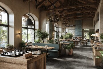 Fototapeta premium Relaxing chess games in a cozy, modern cafe with natural light and greenery
