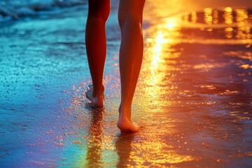 Close-up multi-colored thin stripe motorcyclist shorts on a attractive and hot young woman. Vibrant summer beach model. Sensual woman by ocean. Retreat and adventure. Dreamy ocean view posing.