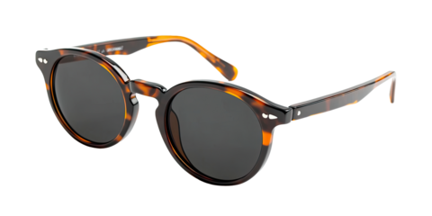 Trendy sunglasses with retro round frames and dark lens isolated on white transparent background