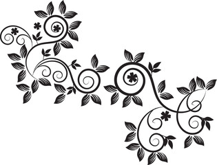 Elegant Black and White Floral Design Element with Swirls and Leaves