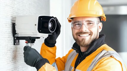 A smiling technician in safety gear installs a security camera on an indoor wall.