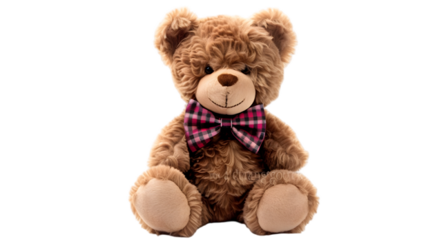 Brown teddy bear with a checkered bow tie sitting against a transparent background alone
