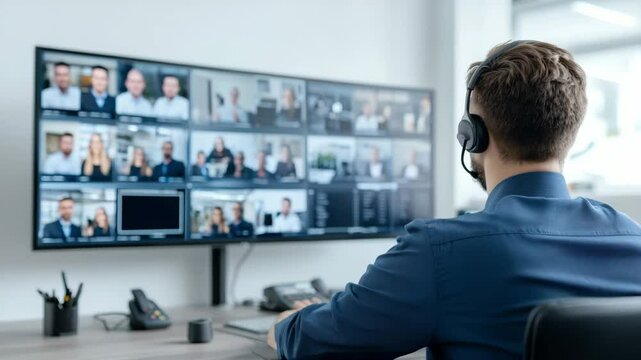 A man wearing a headset participates in a video conference call with multiple people on a large screen in a modern office setting.