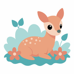 Cute baby deer laying in a flower field vector illustration on white background