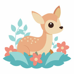 Cute baby deer laying in a flower field vector illustration on white background