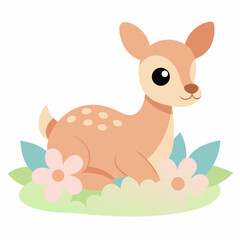 Cute baby deer laying in a flower field vector illustration on white background