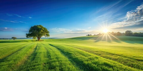 Obraz premium Serene Sunrise Over Rolling Green Fields with a Solitary Tree