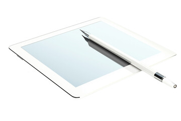 A white tablet with a white screen, next to a pencil, isolated from a blah background.