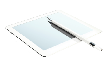 A white tablet with a white screen, next to a pencil, isolated from a blah background.