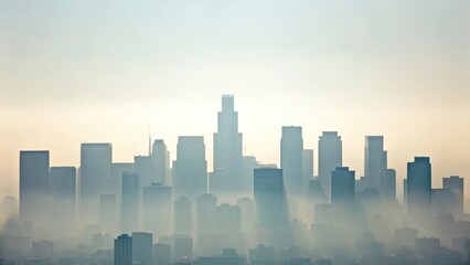 Los angeles skyline emerging from foggy haze depicting urban density