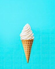 Close up of a soft serve ice cream cone against a bright blue background featuring a waffle cone texture and smooth white ice cream swirl.