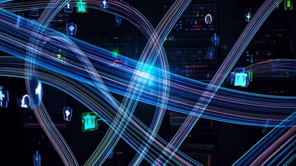 Server room network data flow with healthcare and environmental icons animation - Powered by Adobe
